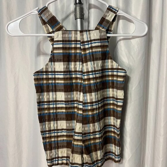 Vintage Donmoor Boys 4T Plaid Shortall Overalls Brown Blue Retro Style - Picture 3 of 7